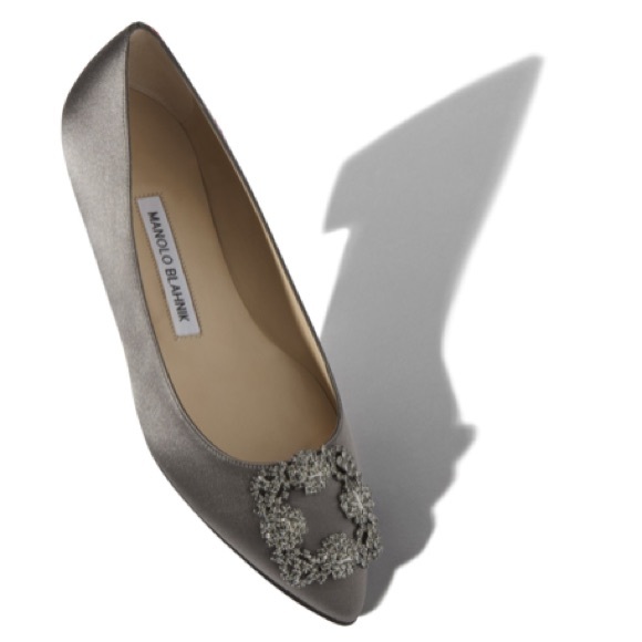 Manolo Blahnik Shoes - Manolo Hangisi Grey Satin Jewel Buckle Flats